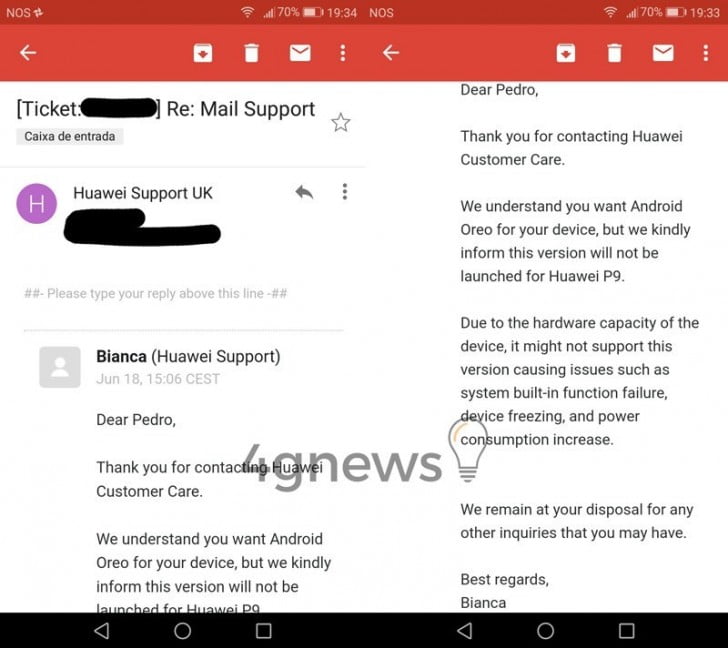 huawei p9 support email
