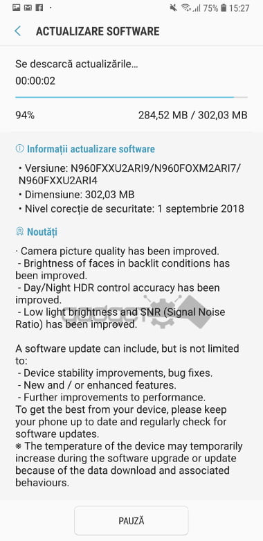 Galaxy Note9 primeste actualizare Software update